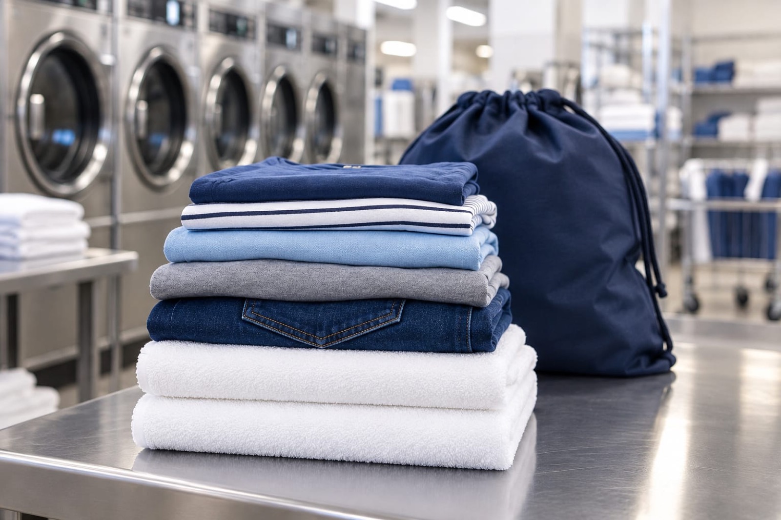 A stack of folded laundry next to a navy Regal laundry bag on a steel table at the plant