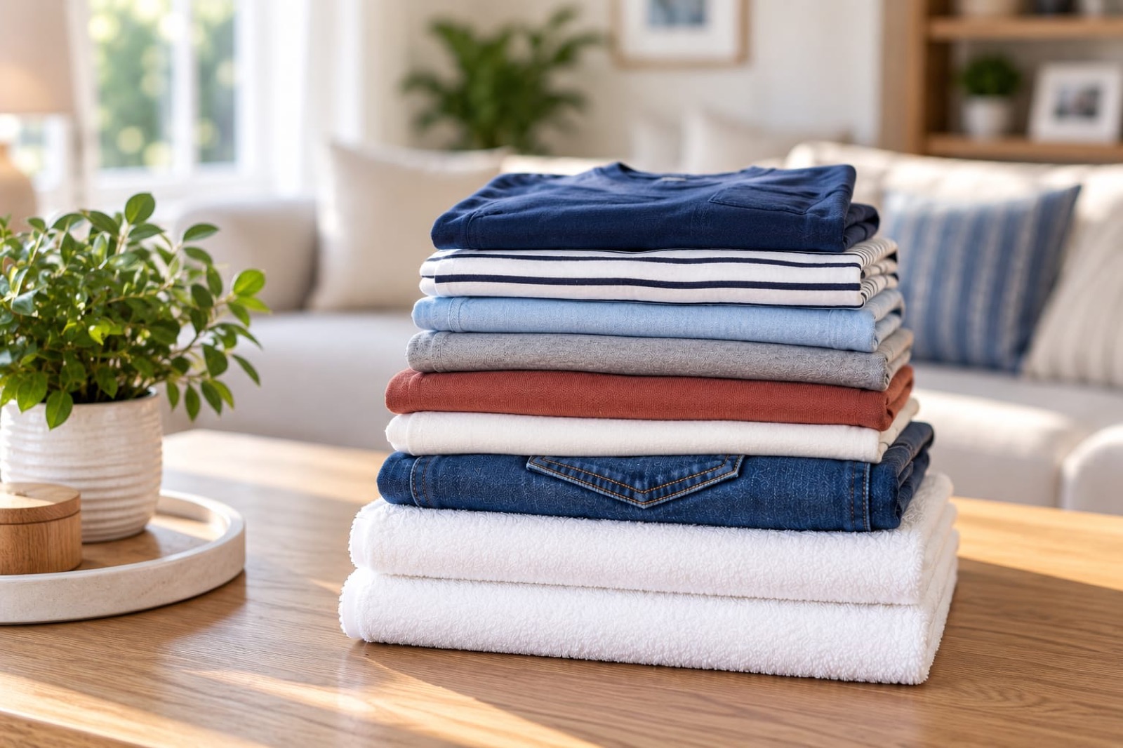 A stack of freshly folded towels, jeans and shirts on a living-room table